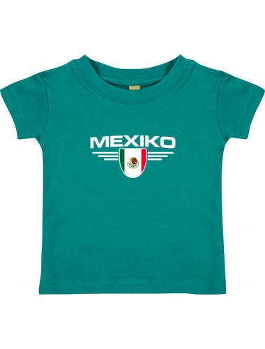 Baby Kinder-Shirt Mexiko, Wappen mit Wunschnamen und Wunschnummer Land, Länder, jade, 0-6 Monate