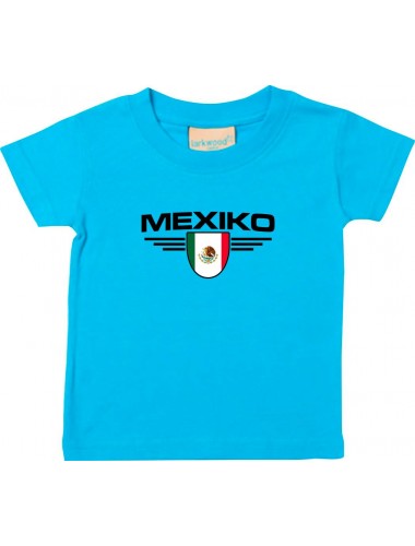 Baby Kinder-Shirt Mexiko, Wappen mit Wunschnamen und Wunschnummer Land, Länder, tuerkis, 0-6 Monate