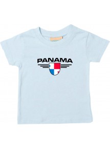 Baby Kinder-Shirt Panama, Wappen mit Wunschnamen und Wunschnummer Land, Länder, hellblau, 0-6 Monate