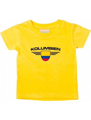 Baby Kinder-Shirt Kolumbien, Wappen mit Wunschnamen und Wunschnummer Land, Länder, gelb, 0-6 Monate