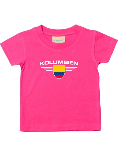 Baby Kinder-Shirt Kolumbien, Wappen mit Wunschnamen und Wunschnummer Land, Länder, pink, 0-6 Monate