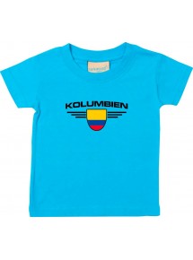Baby Kinder-Shirt Kolumbien, Wappen mit Wunschnamen und Wunschnummer Land, Länder, tuerkis, 0-6 Monate