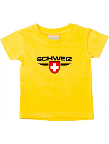 Baby Kinder-Shirt Schweiz, Wappen mit Wunschnamen und Wunschnummer Land, Länder, gelb, 0-6 Monate