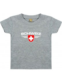 Baby Kinder-Shirt Schweiz, Wappen mit Wunschnamen und Wunschnummer Land, Länder, grau, 0-6 Monate