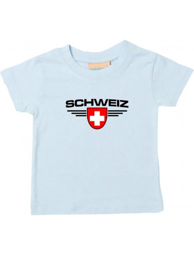 Baby Kinder-Shirt Schweiz, Wappen mit Wunschnamen und Wunschnummer Land, Länder, hellblau, 0-6 Monate