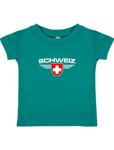 Baby Kinder-Shirt Schweiz, Wappen mit Wunschnamen und Wunschnummer Land, Länder, jade, 0-6 Monate