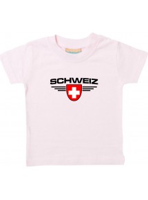 Baby Kinder-Shirt Schweiz, Wappen mit Wunschnamen und Wunschnummer Land, Länder, rosa, 0-6 Monate