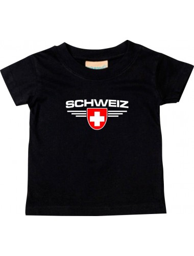 Baby Kinder-Shirt Schweiz, Wappen mit Wunschnamen und Wunschnummer Land, Länder, schwarz, 0-6 Monate
