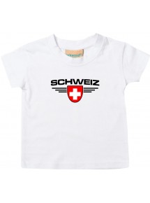 Baby Kinder-Shirt Schweiz, Wappen mit Wunschnamen und Wunschnummer Land, Länder, weiss, 0-6 Monate