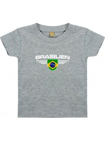 Baby Kinder-Shirt Brasilien, Wappen mit Wunschnamen und Wunschnummer Land, Länder, grau, 0-6 Monate