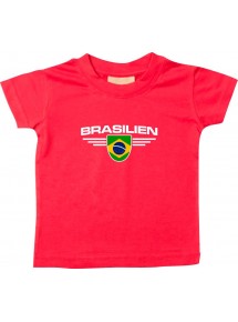 Baby Kinder-Shirt Brasilien, Wappen mit Wunschnamen und Wunschnummer Land, Länder, rot, 0-6 Monate