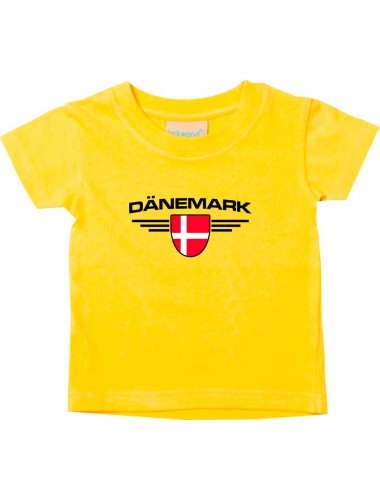 Baby Kinder-Shirt Dänemark, Wappen mit Wunschnamen und Wunschnummer Land, Länder, gelb, 0-6 Monate