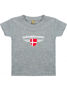 Baby Kinder-Shirt Dänemark, Wappen mit Wunschnamen und Wunschnummer Land, Länder, grau, 0-6 Monate