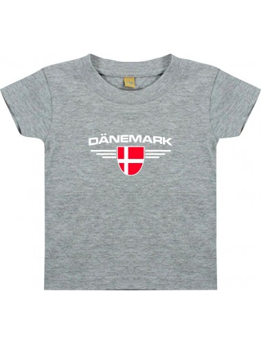 Baby Kinder-Shirt Dänemark, Wappen mit Wunschnamen und Wunschnummer Land, Länder, grau, 0-6 Monate