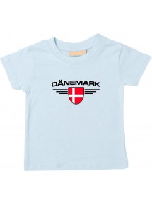 Baby Kinder-Shirt Dänemark, Wappen mit Wunschnamen und Wunschnummer Land, Länder, hellblau, 0-6 Monate