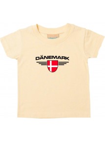 Baby Kinder-Shirt Dänemark, Wappen mit Wunschnamen und Wunschnummer Land, Länder, hellgelb, 0-6 Monate