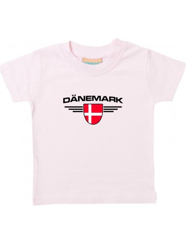 Baby Kinder-Shirt Dänemark, Wappen mit Wunschnamen und Wunschnummer Land, Länder, rosa, 0-6 Monate