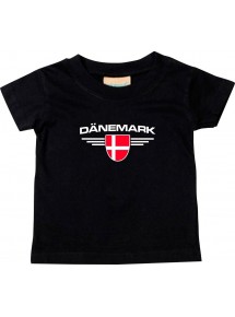 Baby Kinder-Shirt Dänemark, Wappen mit Wunschnamen und Wunschnummer Land, Länder, schwarz, 0-6 Monate
