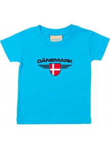Baby Kinder-Shirt Dänemark, Wappen mit Wunschnamen und Wunschnummer Land, Länder, tuerkis, 0-6 Monate