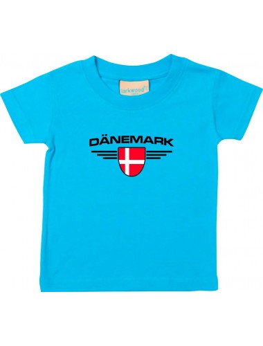 Baby Kinder-Shirt Dänemark, Wappen mit Wunschnamen und Wunschnummer Land, Länder, tuerkis, 0-6 Monate