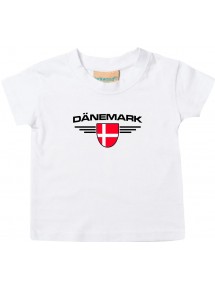 Baby Kinder-Shirt Dänemark, Wappen mit Wunschnamen und Wunschnummer Land, Länder, weiss, 0-6 Monate