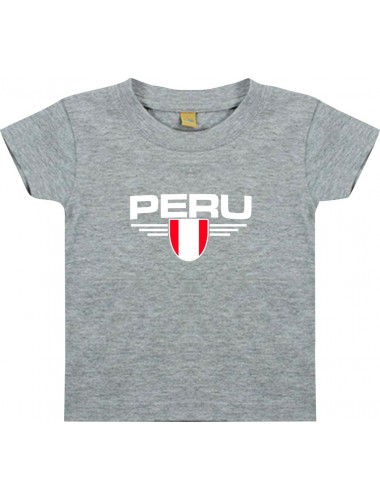 Baby Kinder-Shirt Peru, Wappen mit Wunschnamen und Wunschnummer Land, Länder, grau, 0-6 Monate