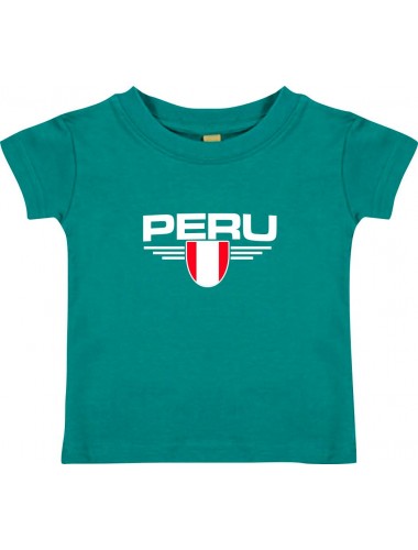 Baby Kinder-Shirt Peru, Wappen mit Wunschnamen und Wunschnummer Land, Länder, jade, 0-6 Monate