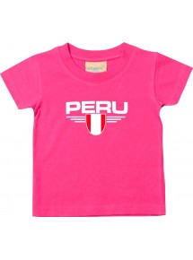 Baby Kinder-Shirt Peru, Wappen mit Wunschnamen und Wunschnummer Land, Länder, pink, 0-6 Monate