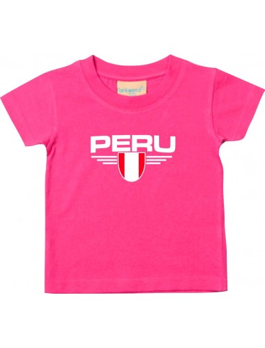 Baby Kinder-Shirt Peru, Wappen mit Wunschnamen und Wunschnummer Land, Länder, pink, 0-6 Monate