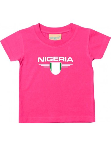 Baby Kinder-Shirt Nigeria, Wappen mit Wunschnamen und Wunschnummer Land, Länder, pink, 0-6 Monate