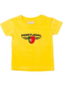 Baby Kinder-Shirt Portugal, Wappen mit Wunschnamen und Wunschnummer Land, Länder, gelb, 0-6 Monate