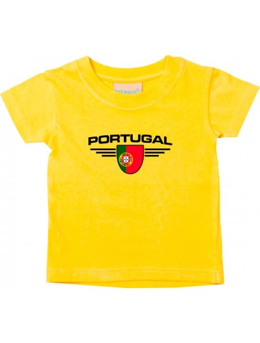 Baby Kinder-Shirt Portugal, Wappen mit Wunschnamen und Wunschnummer Land, Länder, gelb, 0-6 Monate
