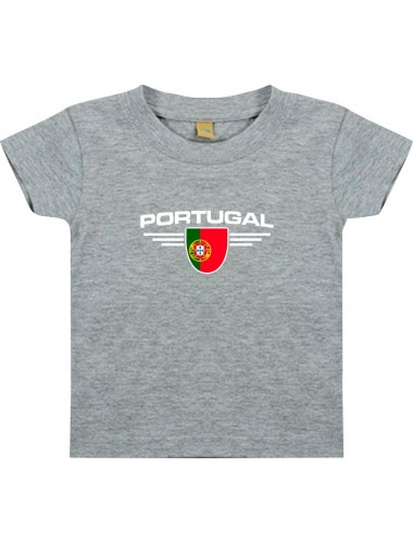 Baby Kinder-Shirt Portugal, Wappen mit Wunschnamen und Wunschnummer Land, Länder, grau, 0-6 Monate