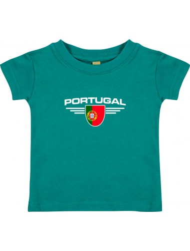 Baby Kinder-Shirt Portugal, Wappen mit Wunschnamen und Wunschnummer Land, Länder, jade, 0-6 Monate