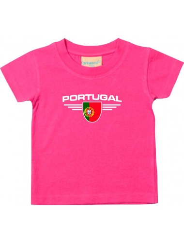 Baby Kinder-Shirt Portugal, Wappen mit Wunschnamen und Wunschnummer Land, Länder, pink, 0-6 Monate