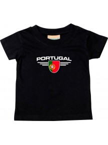 Baby Kinder-Shirt Portugal, Wappen mit Wunschnamen und Wunschnummer Land, Länder, schwarz, 0-6 Monate