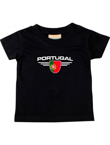 Baby Kinder-Shirt Portugal, Wappen mit Wunschnamen und Wunschnummer Land, Länder, schwarz, 0-6 Monate
