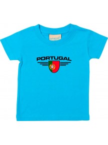 Baby Kinder-Shirt Portugal, Wappen mit Wunschnamen und Wunschnummer Land, Länder, tuerkis, 0-6 Monate