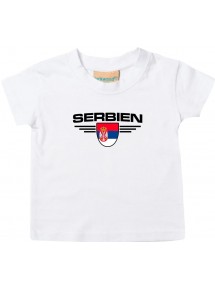 Baby Kinder-Shirt Serbien, Wappen mit Wunschnamen und Wunschnummer Land, Länder, weiss, 0-6 Monate