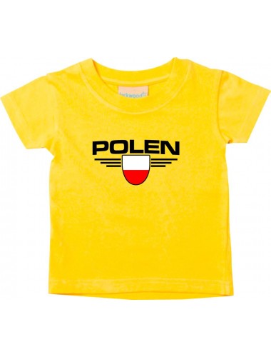 Baby Kinder-Shirt Polen, Wappen mit Wunschnamen und Wunschnummer Land, Länder, gelb, 0-6 Monate