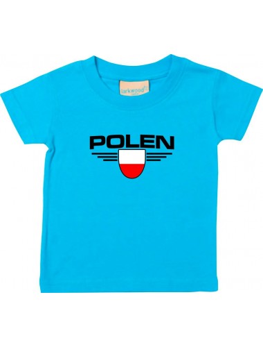 Baby Kinder-Shirt Polen, Wappen mit Wunschnamen und Wunschnummer Land, Länder, tuerkis, 0-6 Monate