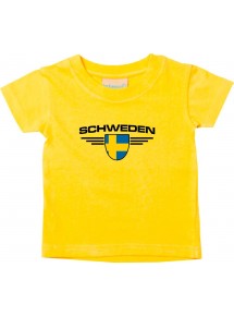 Baby Kinder-Shirt Schweden, Wappen mit Wunschnamen und Wunschnummer Land, Länder, gelb, 0-6 Monate