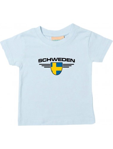 Baby Kinder-Shirt Schweden, Wappen mit Wunschnamen und Wunschnummer Land, Länder, hellblau, 0-6 Monate
