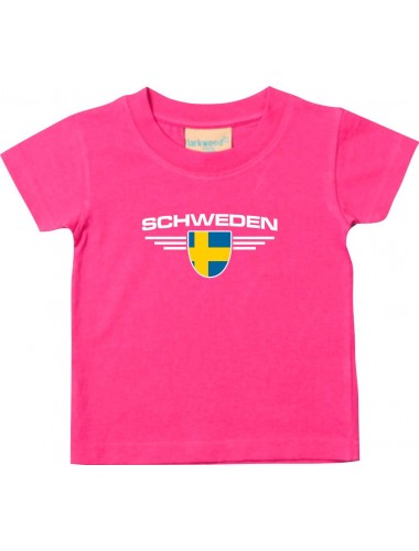 Baby Kinder-Shirt Schweden, Wappen mit Wunschnamen und Wunschnummer Land, Länder, pink, 0-6 Monate