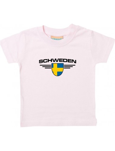 Baby Kinder-Shirt Schweden, Wappen mit Wunschnamen und Wunschnummer Land, Länder, rosa, 0-6 Monate
