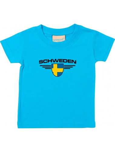 Baby Kinder-Shirt Schweden, Wappen mit Wunschnamen und Wunschnummer Land, Länder, tuerkis, 0-6 Monate