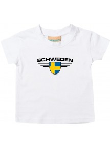 Baby Kinder-Shirt Schweden, Wappen mit Wunschnamen und Wunschnummer Land, Länder, weiss, 0-6 Monate