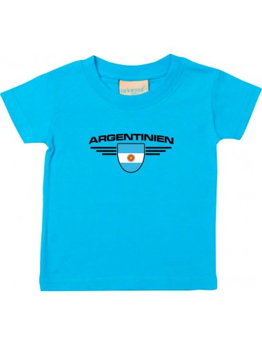 Baby Kinder-Shirt Argentinien, Wappen mit Wunschnamen und Wunschnummer Land, Länder, tuerkis, 0-6 Monate