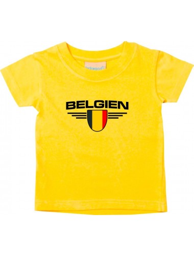 Baby Kinder-Shirt Belgien, Wappen mit Wunschnamen und Wunschnummer Land, Länder, gelb, 0-6 Monate