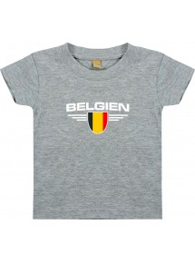 Baby Kinder-Shirt Belgien, Wappen mit Wunschnamen und Wunschnummer Land, Länder, grau, 0-6 Monate